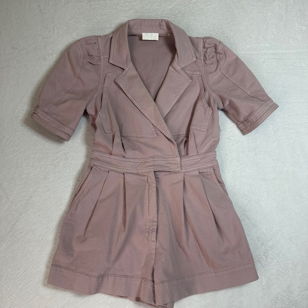 7 For All Mankind Women's Seamed Denim Romper Size S Pink Puff Sleeve Utility